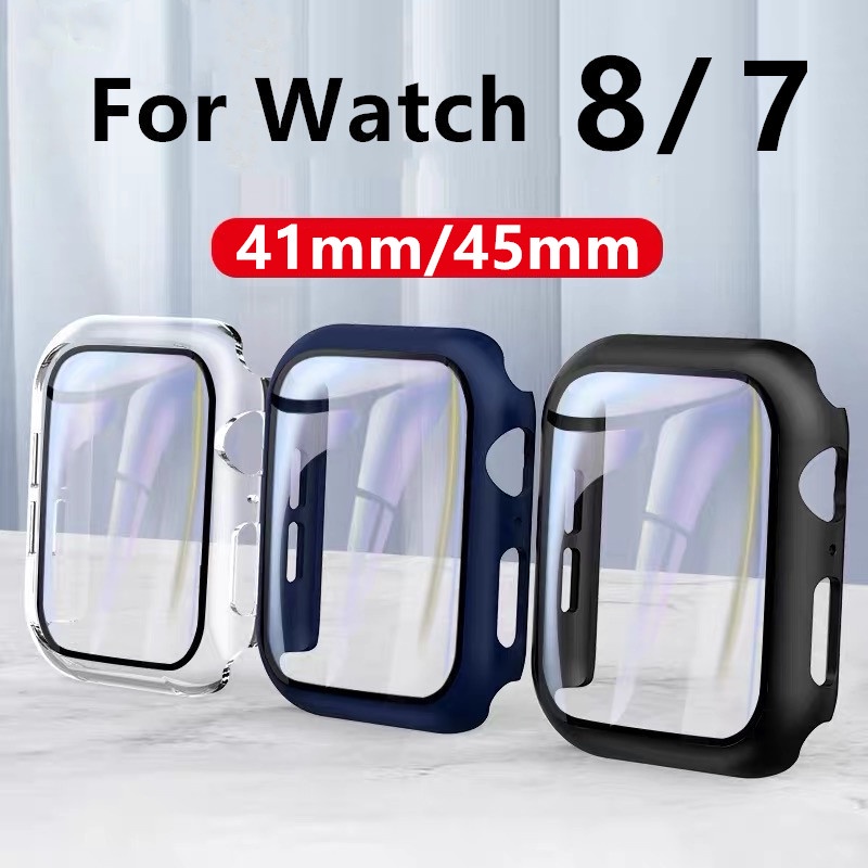 ราคาและรีวิวเคสสำหรับแอป--เปิน iwatch series 7 เคส Watch 7 41mm/45mmสายนาฬิกา PC+Glass สายสำหรับ watch 7 เคสแอปเปิ้ลวอช