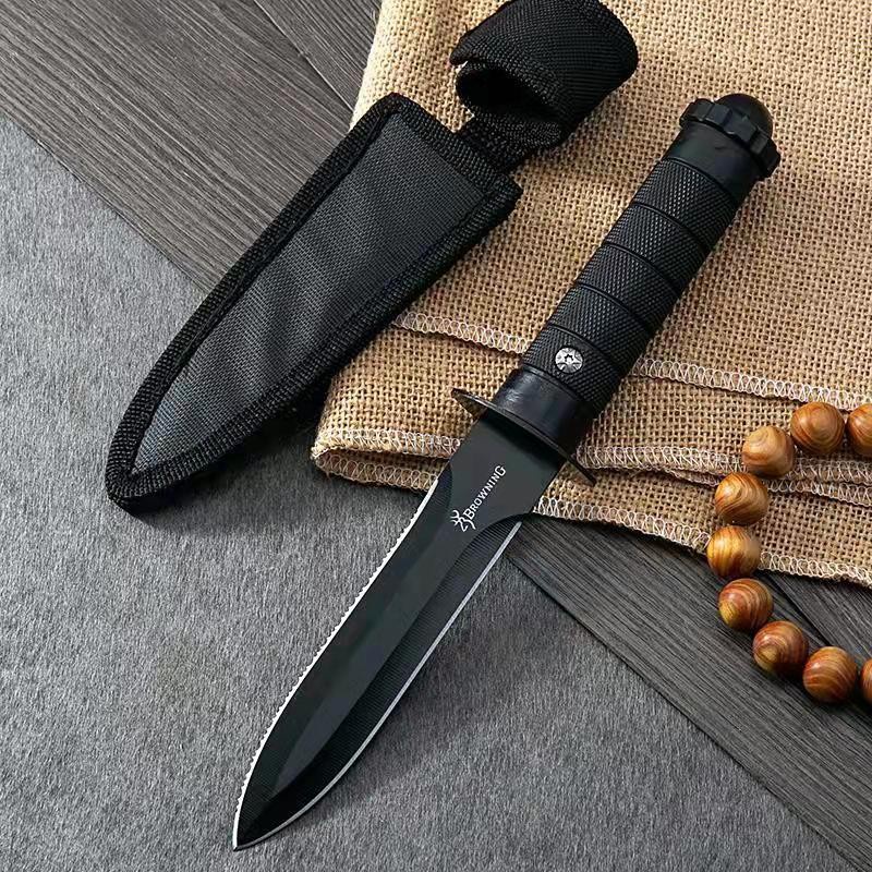 browning-มีดเดินป่า-มีดพกพา-มีดกลางแจ้ง-มีดตรง-มีดปอกผลไม้-มีแถมปลอกมีด-hunting-knife-25cm-outdoor-self-defense-survival