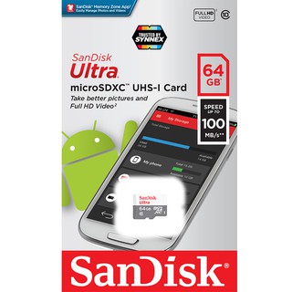 สินค้า Sandisk MicroSD Card Class10 64GB 100mb/s (SDSQUNR-064G-GN3MN) Memory ใส่ โทรศัพท์ มือถือ กล้องวงจรปิด กล้องติดรถยนต์