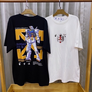 Off White เสื้อยืด คอกลมผ้าฝ้ายวัสดุ Gundam พิมพ์ผู้ชายและผู้หญิง street แฟชั่นฤดูร้อน T-shirt