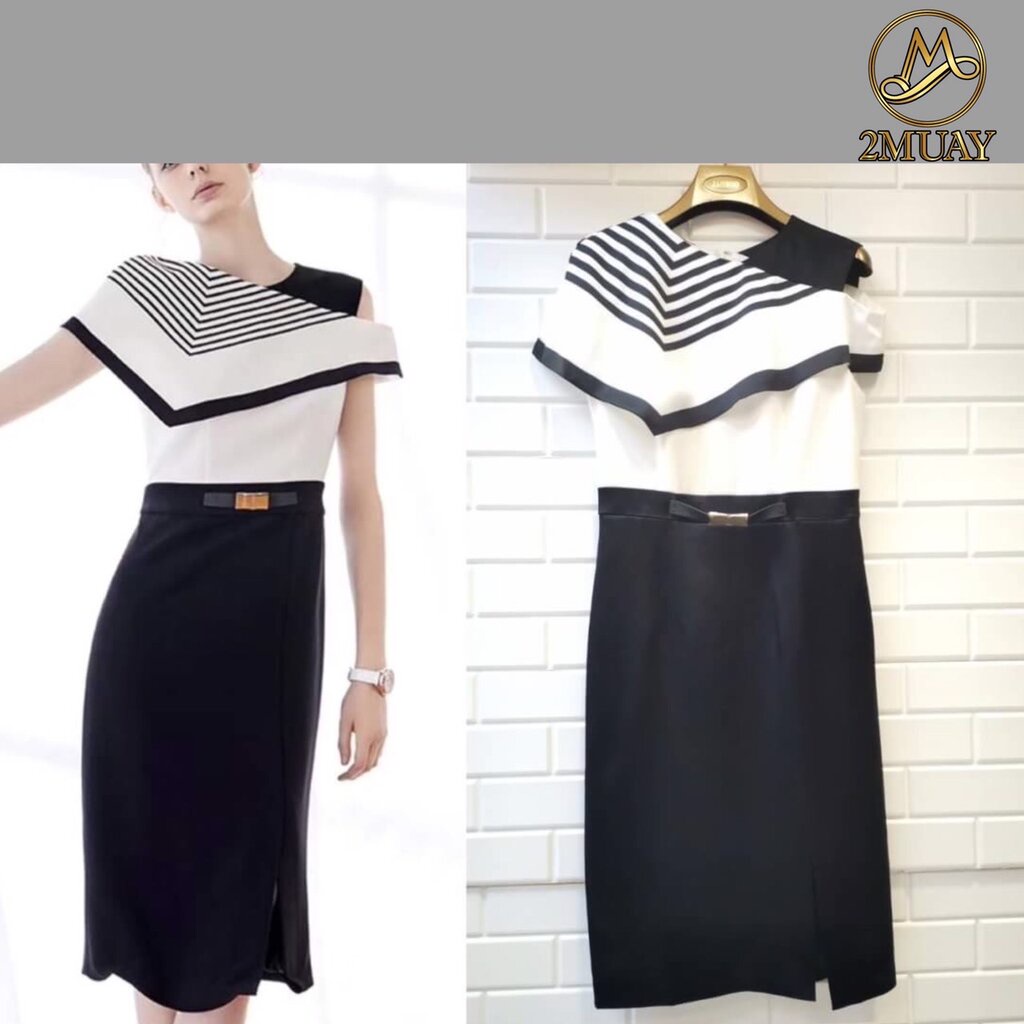 2muay-premium-dress-ชุดเดรสออกงาน-ชุดเดรสลูกไม้-ชุดทำงาน-one-side-cold-shoulder-dress-รุ่น-ak90169-สีขาวดำ