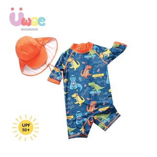 สินค้า Uwae ชุดว่ายน้ำเด็ก ชุดว่ายน้ำเด็กชายกันยูวี ไดโน ปาร์ตี้ สีน้ำเงิน พร้อมหมวก Dino party รุ่น UV100