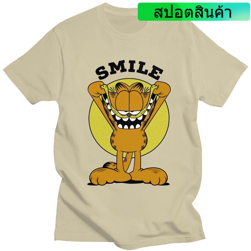 เสื้อยืดผ้าฝ้ายพิมพ์ลายขายดี-เสื้อยืดแขนสั้น-พิมพ์ลาย-kawaii-cats-smile-garfield-สไตล์เรโทร-สําหรับผู้ชาย