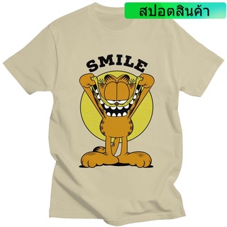 เสื้อยืดผ้าฝ้ายพิมพ์ลายขายดี เสื้อยืดแขนสั้น พิมพ์ลาย Kawaii Cats Smile Garfield สไตล์เรโทร สําหรับผู้ชาย