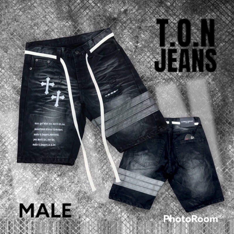 ภาพหน้าปกสินค้ากางเกงยีนส์ขาสั้นชายแถบหนัง ปักไม้กางเขน crossjean ผ้านอก กางเกงขาสั้นชาย กางเกงยีนสื กางเกงใส่ทำงาน กางเกงใส่เที่ยว