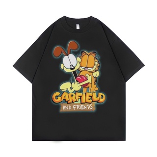 เสื้อยืดผ้าฝ้ายพิมพ์ลายขายดี ROUND คอลูกเรือเสื้อยืด ขนาดใหญ่ พิมพ์ลาย Psycho Crucify Garfield and Friend | สีดํา | เสื้