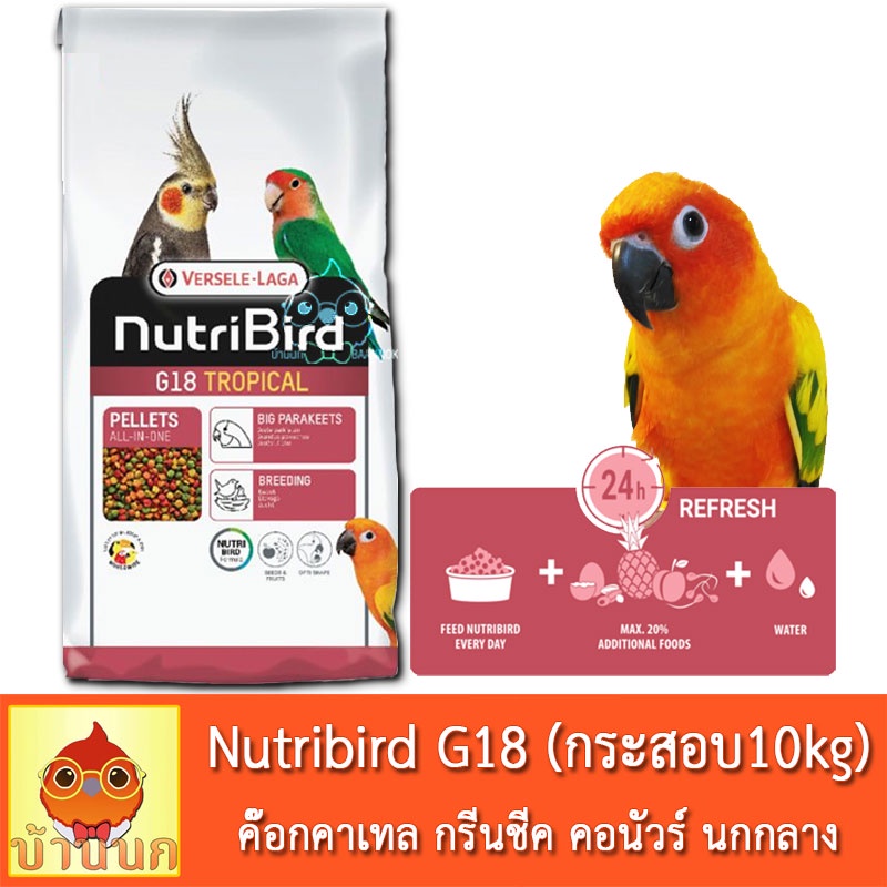 versele-laga-nutribird-g18-tropical-กระสอบ-10kg-อาหารนก-นกแก้ว-ค๊อกคาเทล-กรีนชีค-คอนัวร์-นกกลาง-พ่อแม่พันธุ์-นกผลัดขน