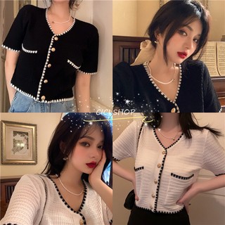 ราคาและรีวิวCicishop"พร้อมส่ง"เสื้อถักแขนสั้น กระดุมทอง ใส่แล้วดูแพง สวยหรู(6534)