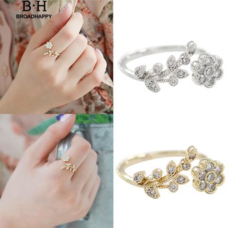 💘broadhappy💍สาขาดอกไม้ Rhinestone สง่างามปรับเปิดแหวนผู้หญิง แหวนเกลี้ยง