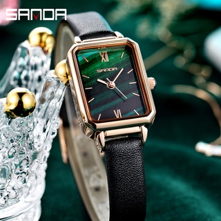 SANDA แบรนด์หรูชั้นนำผู้หญิงแฟชั่นนาฬิกากันน้ำสายหนังตาข่ายขนาดเล็กหน้าปัดสี่เหลี่ยมควอตซ์ผู้หญิงนาฬิกา