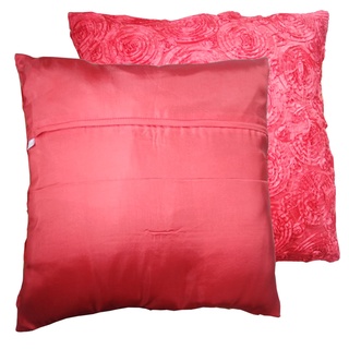 A22-Thai Silk Pillow Covers ปลอกหมอนอิง ไหมไทยลายปักดอกกุุหลาบ 16×16 นิ้ว 1 คู่ สีแดง