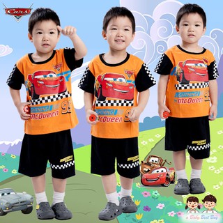ชุดแฟชั่นเด็กเล็กผู้ชาย Disney Cars เสื้อแขนสั้นสีส้ม กางเกงขาสั้นสีดำ สุดเท่ห์ ลิขสิทธิ์แท้