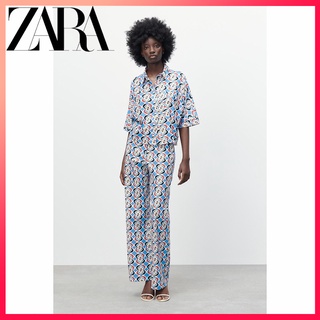 Zara ฤดูร้อนใหม่ ผู้หญิง แฟชั่น ลําลอง หลวม พิมพ์ลาย เสื้อเชิ้ต + กางเกงสูท