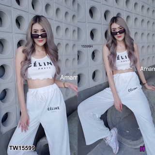 TW15599 Set 2 ชิ้น เสื้อแขนกุดทรงครอปผ้าคอตตอน ด้านหน้าสกรีนลาย มาพร้อมกาวเกวขากระบอกยาว เอวยืดสม็อค สีพื้นผ้าคอตตอนล่อง