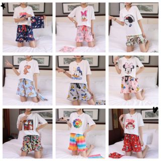 พร้อมส่ง ชุดนอน เสื้อยืด กางเกงขาสั้น แถมถุงผ้า