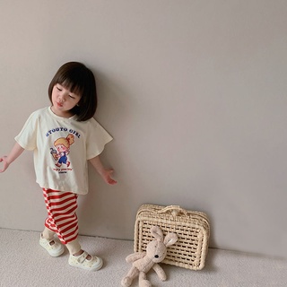 [Babycat] พร้อมส่ง ขายดี ชุดเสื้อยืด พิมพ์ลาย กางเกงกีฬา ลายทาง สไตล์ญี่ปุ่น เกาหลี แฟชั่นฤดูร้อน สําหรับเด็กผู้หญิง 2022