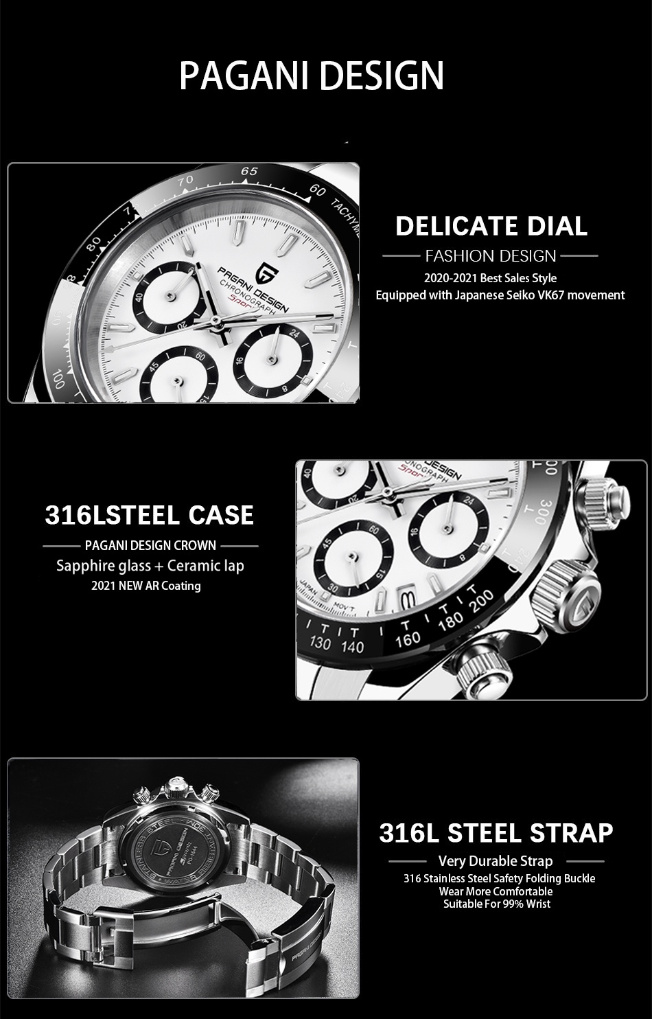 คำอธิบายเพิ่มเติมเกี่ยวกับ Pagani Design Original 40MM Quartz นาฬิกาผู้ชายญี่ปุ่น Seiko VK67 Rainbow Bezel นาฬิกาจับเวลา 100M กันน้ำนาฬิกาผู้ชาย PD-1644