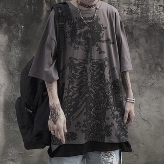 เสื้อยืดแขนสั้น พิมพ์ลายหัวกะโหลก ดอกกุหลาบ ทรงหลวม โอเวอร์ไซซ์ สไตล์โกธิค สตรีท เหมาะกับฤดูร้อน สําหรับผู้ชาย และผู้หญิง