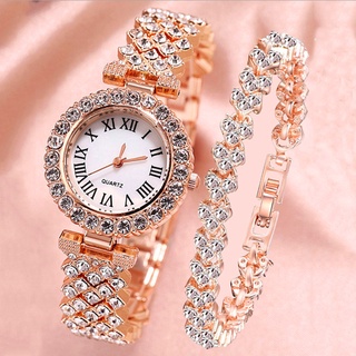 สินค้า 【นาฬิกาข้อมือ + สร้อยข้อมือ】แฟชั่น พลอยเทียม ผู้หญิง สเตนเลส นาฬิกาควอตซ์ ชุดสร้อยข้อมือ