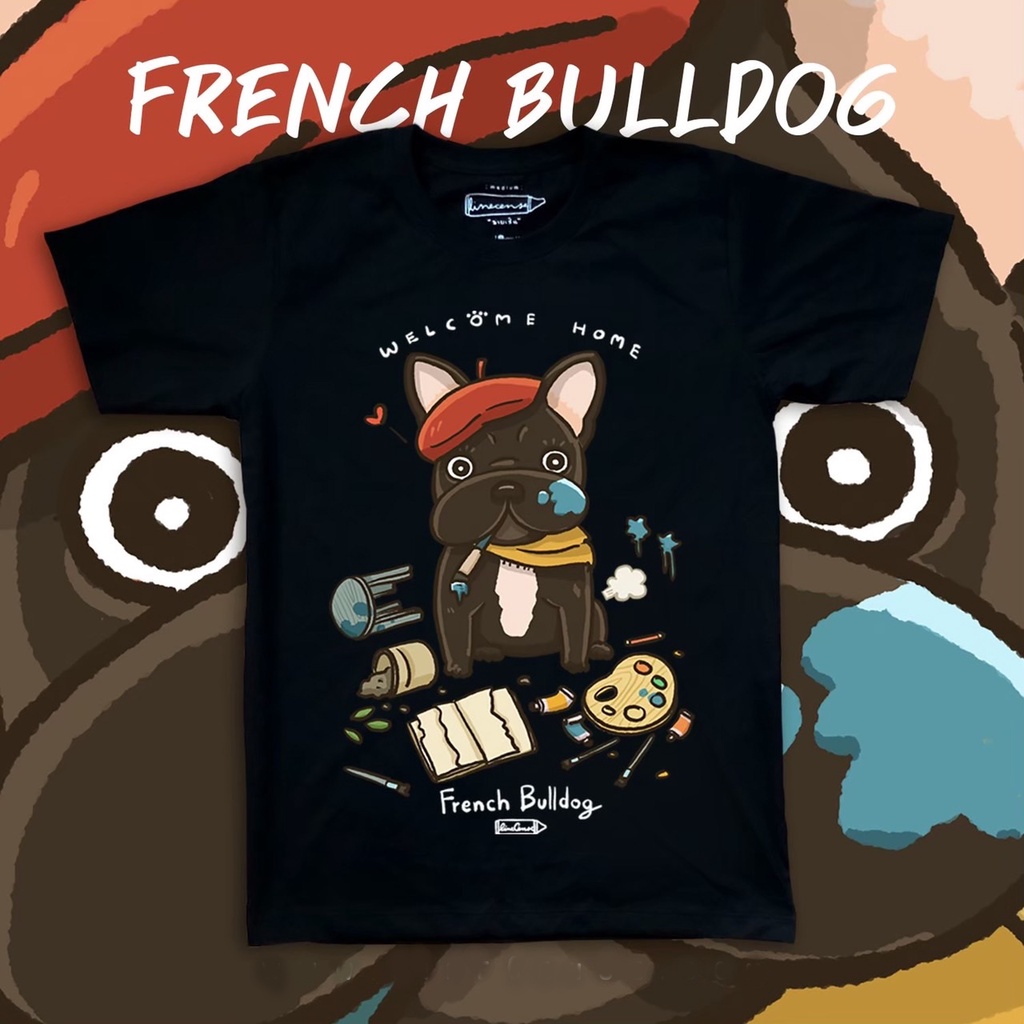 french-bulldog-welcome-home-dog-on-black-premium-cotton-100-t-shirt-เสื้อยืด-พรีเมี่ยม-สีดำ-ลายน้องหมาเฟรนช์บูลด็อก