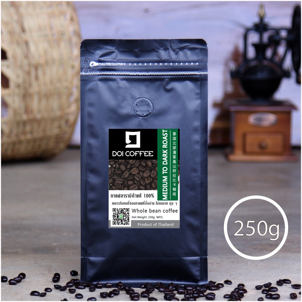 เมล็ดกาแฟ-อาราบิก้า100-เกรด-a-คั่วสด-คั่วกลางเข้ม-medium-to-dark-roast-1ถุง-บรรจุ-250-g-เมล็ดกาแฟดอยแม่สลอง