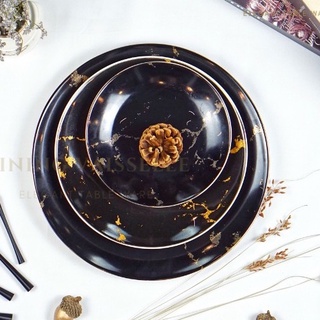 ชุดจาน Marble Foudre ลายหินอ่อนสีดำ ขอบทอง หรูหรา เนื้อPorcelain Ceramic plate อุปกรณ์บนโต๊ะอาหาร