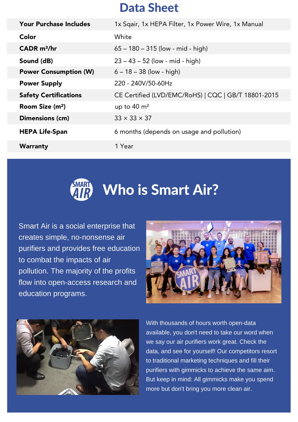 รูปภาพรายละเอียดของ Smart Air เครื่องฟอกอากาศ รุ่น The Sqair + Carbon ขนาด 40 ตารางเมตร