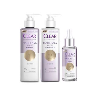 โปรโมชั่น : CLEAR แชมพูลดผมร่วง ลดผมบาง เพิ่มวอลลุ่ม สูตรลดผมร่วง ผมบาง เห็นผลจริงใน 14 วัน แชมพู 300 มล. ครีมนวด 300 มล. และ เซรั่มลดผมร่วง 45 มล
