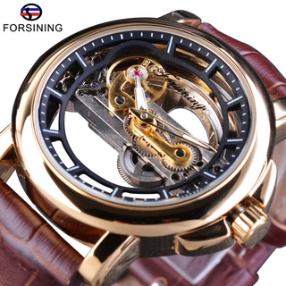 Forsining Transparent New Automatic Movement Brown Genuine Leather Mens Watches Top Brand Luxury Automatic Skeleton Wris