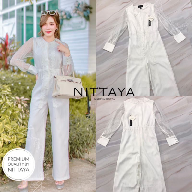 ป้าย-nittaya-จั้มสูทขายาวสีขาวแขนซีทรูคอปก