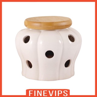 Garlic Keeper Hollow Out Portable Ceramic Storage Container with Wooden Lid