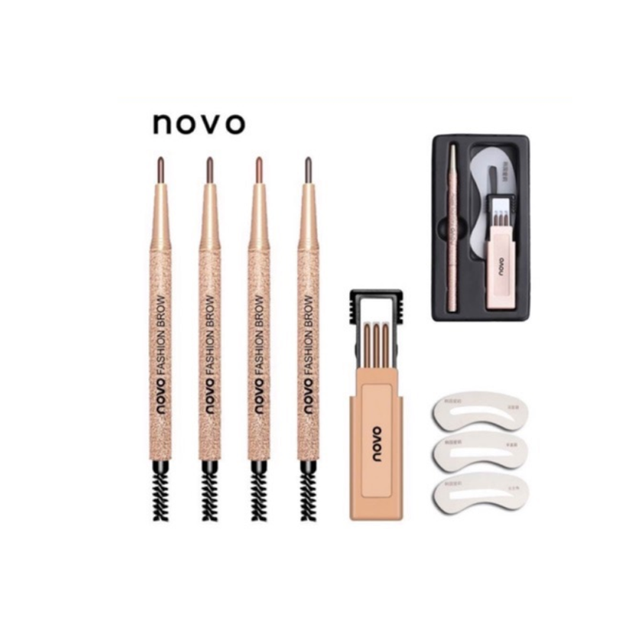 ราคาและรีวิว5146(ใหม่/ของแท้) โนโว Novo Eyebrow ดินสอเขียนคิ้ว พร้อม ไส้ดินสอ + บล๊อกคิ้ว 3 ชิ้น