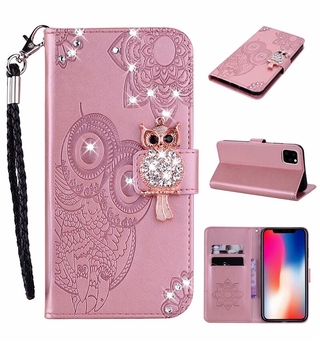 เคสโทรศัพท์มือถือหนัง PU ลายนกฮูก ประดับเพชรน่ารัก พร้อมช่องใส่บัตร และขาตั้งแม่เหล็ก สําหรับ Samsung Galaxy A02 A02S A03S A72 A52 A52S A32 A12