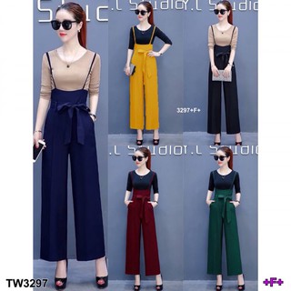 สินค้า TW3297 Set 2 ชิ้น เสื้อยืดแขนยาว+เอี้ยมสายเดี่ยวขายาว เพิ่มดีเทลด้วยเชือกผูกเอว **สอบถามก่อนสั่งซื้อ**