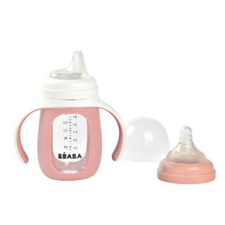 BEABA ขวดแก้วหัดดื่ม 2 in 1 Glass Learning Bottle 210 ml with Silicone Protective Sleeve - Vintage Pink