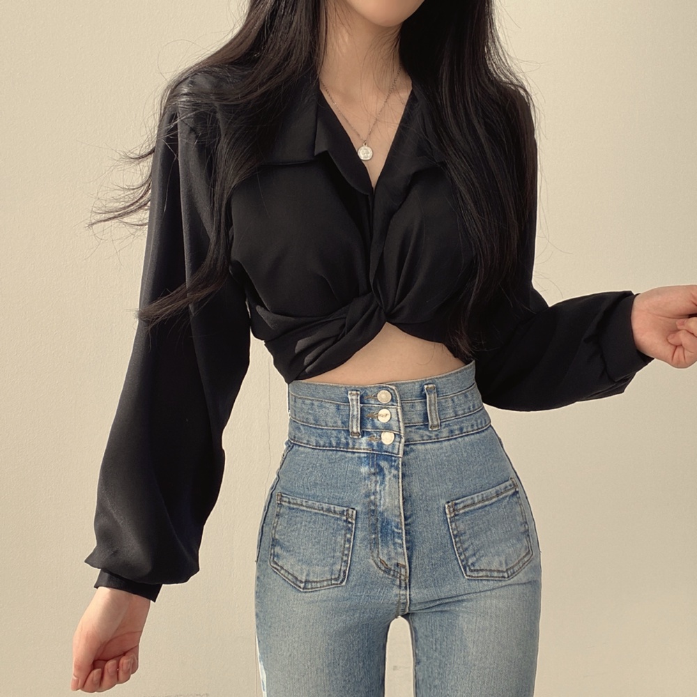anna-w201เสื้อเชิ้ตแขนยาว-หลังผูกโบว์เซ็กซี่-เสื้อผ้าเอวลอยแฟชั่นฤดูร้อน-เสื้อเชิ้ตสีขาวผู้หญิงสไตล์เกาหลี