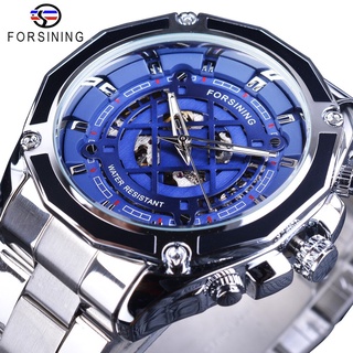 Forsining 2018 Classic Silver Stainless Steel Fashion Blue Dial with Luminous Hands Mens Automatic Watches Top Brand Lu