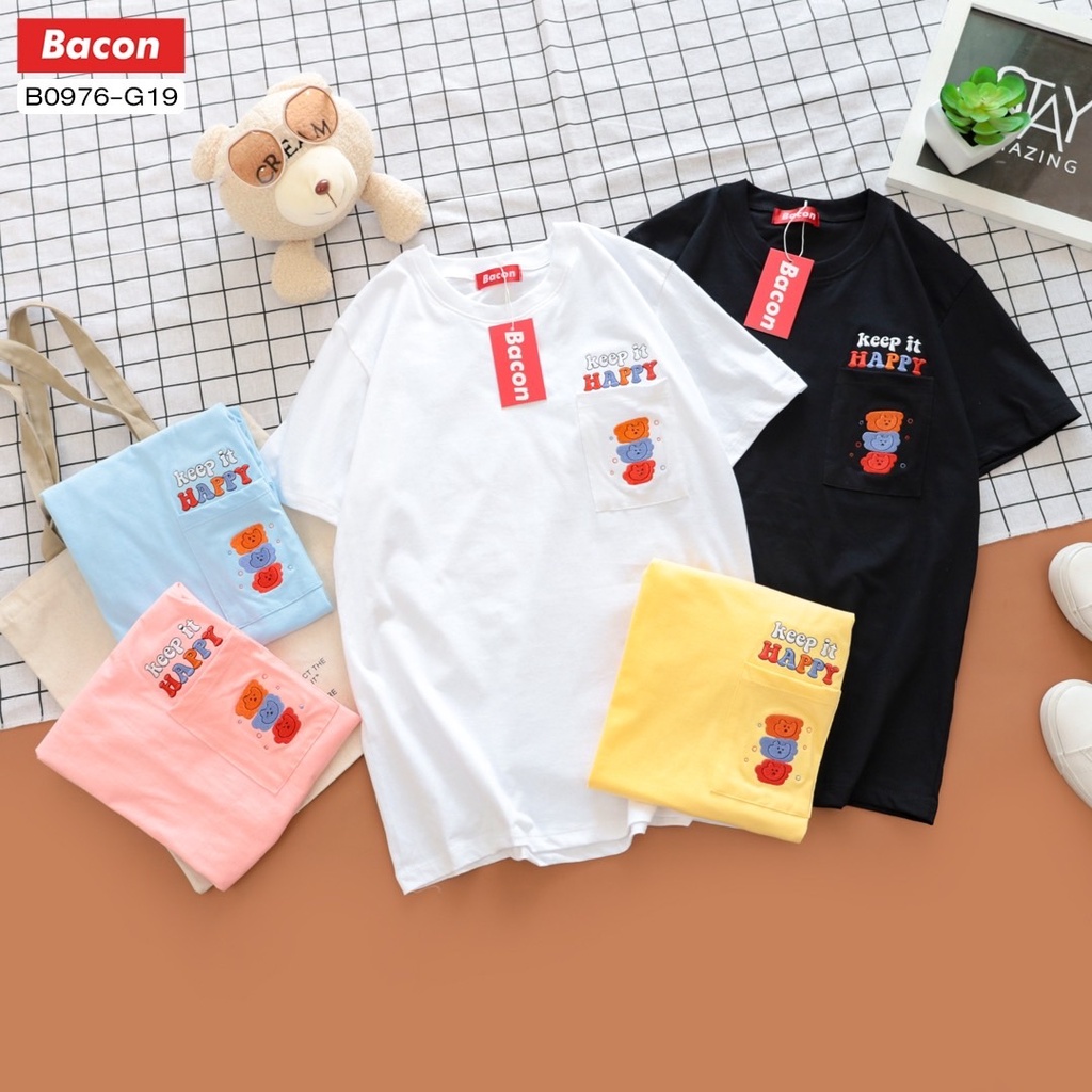 b0976-เสื้อยืด-ผ้าคอตตอน-ติดกระเป๋า-ปัก-keep-it-happy