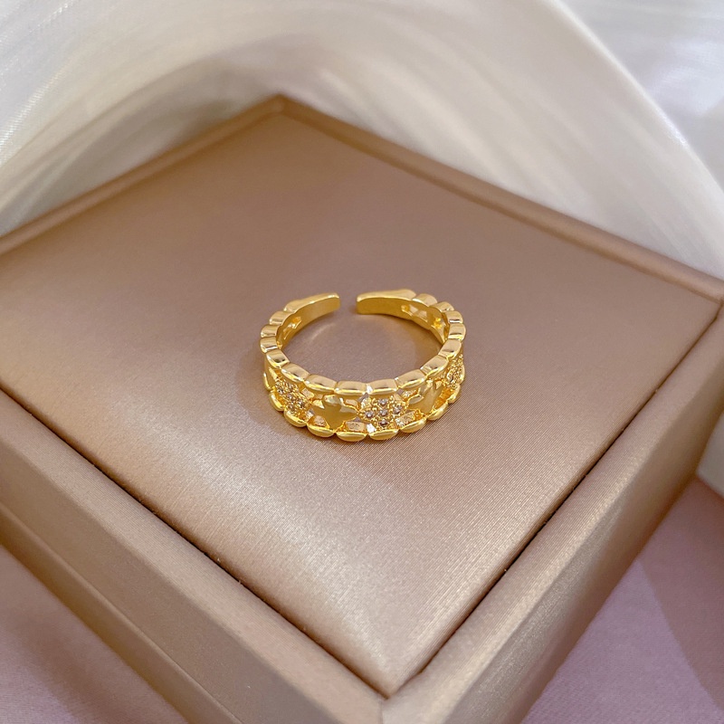แหวนชุบทองแท้-ลายดอกไม้นําโชค-หรูหรา-ปรับขนาดได้-สไตล์เรียบง่าย-เครื่องประดับแฟชั่น-สําหรับผู้หญิง