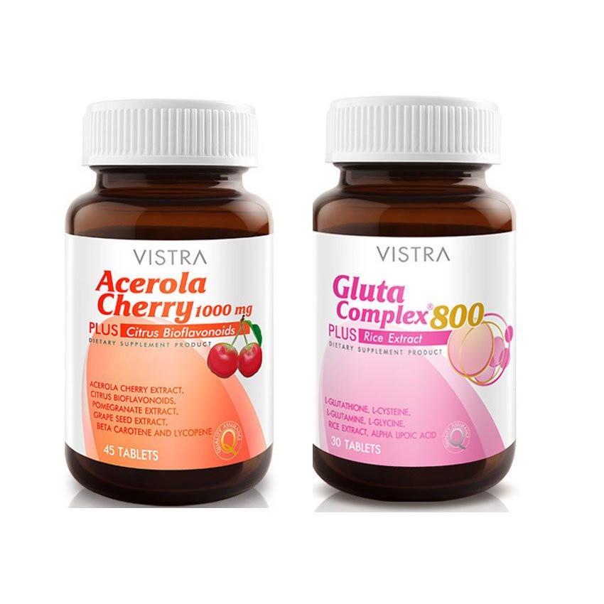 ของแท้-ชุดบำรุงผิวขาว-กระจ่างใส-vistra-gluta-complex-800-30-เม็ด-1ขวด-vistra-acerola-1-000-mg-45-เม็ด-1-ขวด