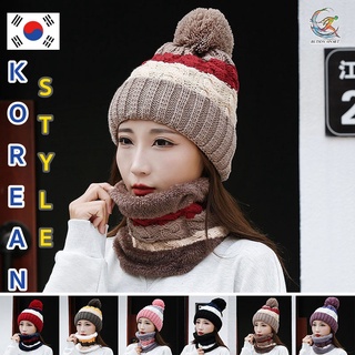 05A9 หมวกไหมพรมกันหนาว สไตล์เกาหลี พร้อมผ้าพันคอกันหนาวบุขนนุ่ม