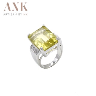Artisan by N.K. แหวนเงินแท้ชุบทองคำขาวฝังพลอยเลม่อนควอตช์ (Lemon quartz) ขนาด15mm.*20mm.