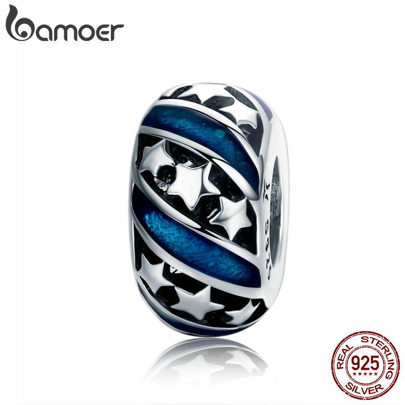 BAMOER Spacer Beads fit Women Bracelet Bangles DIY Genuine 925 Sterling Silver Sparkling Star Blue Enamel SCC636
