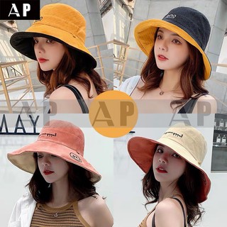 AP หมวกชาวประมง ปะเก๊ต ผู้หญิง หมวกผ้า กันแดด ใส่ได้สองด้าน หน้ายิ้ม สไลด์เกาหลี หมวกกันแดดกันยูวี หมวกผ้าปีกใหญ่ONE