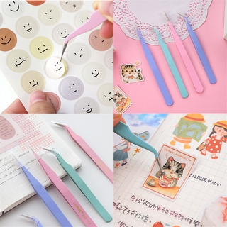 Stainless Steel Macaron Multifunction Colorful Paper Tape Stickers DIY Tools Makeup Straight Bend Tweezers Accessories