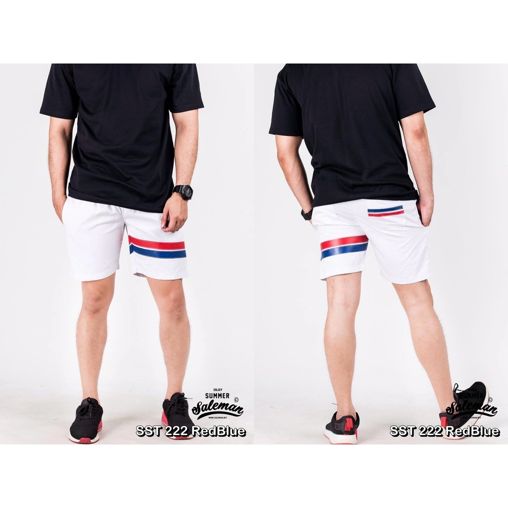 กางเกงขาสั้น-พรีเมี่ยม-ผ้า-cotton-รหัส-sst-222-redblue-สีขาว-แถบแดงน้ำเงิน