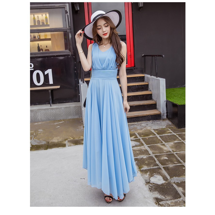 ชุดเดรสผู้หญิงสไตล์เกาหลีโบฮีเมียน-ผ้าชีฟอง-สวยมาก-สีฟ้า