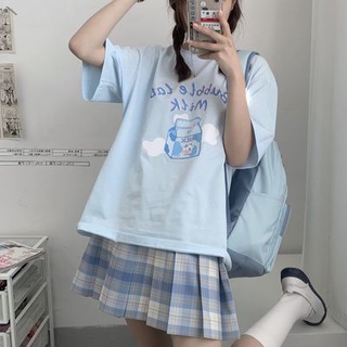 🔥Hot Sale/🌻💞เสื้อ JK น่ารักเสื้อยืดลายการ์ตูนนักเรียนสาวนุ่มนมสีฟ้าแขนสั้นเสื้อยืดผู้หญิงอินเทรนด์