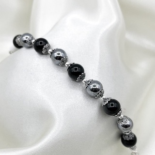 สร้อยข้อมือเงินแท้ หินนำโชคเทราเฮิร์ต+นิลดำ  เงินแท้ 925 : Gemstone 925 Sterling Silver Bracelet [CFS0010]