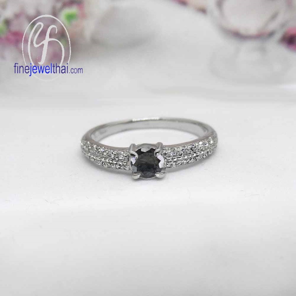 finejewelthai-แหวนนิล-นิลแท้-แหวนเพชรcz-แหวนเงินแท้-พลอยประจำเดือนเกิด-black-spinel-silver-ring-r1261on